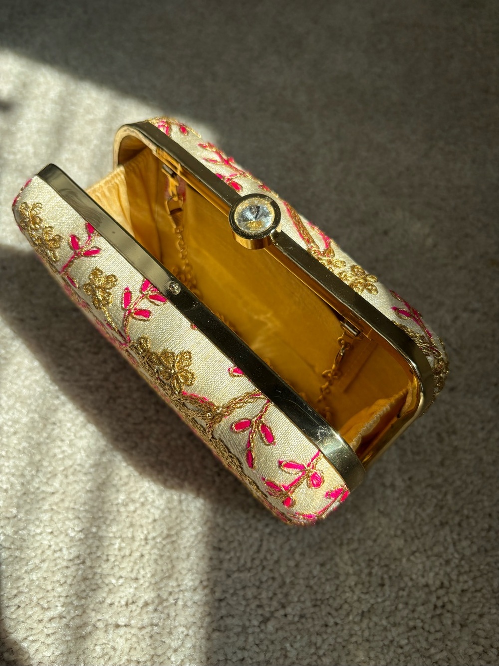 Embroidered Cream and Pink Evening Clutch with Gold Accents